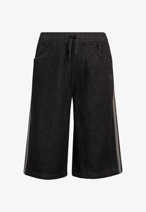 Black denim shorts with an elastic waistband and drawstring. Features side pockets and vertical stripes along the sides.