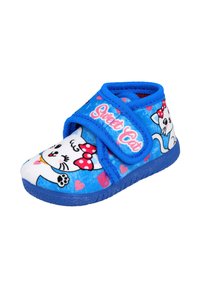 Zapatilla de tela azul con un diseño de gato, un lazo rojo, corazones y el texto "Gato Dulce". Correa de Velcro y suela texturizada para un buen agarre.