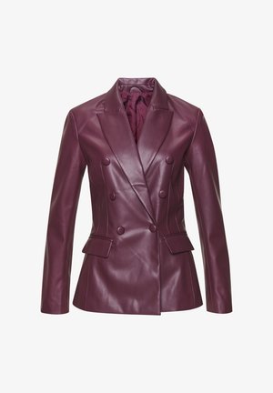 Double-breasted leather blazer in deep burgundy with notched lapels, two front pockets, and visible stitching accents. Smooth texture.
