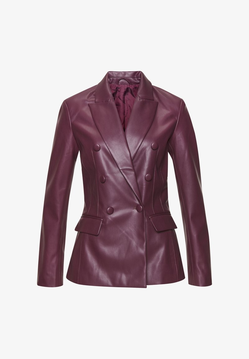 Doppelt-knöpfige Leder-Blazer in tiefem Burgunderrot mit Reverskragen, zwei Vordertaschen und sichtbaren Ziernähten. Glatte Textur.