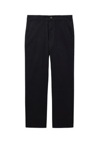 Zwarte rechte broek met riemlussen, zijzakken en een knoopsluiting aan de voorkant op een witte achtergrond.