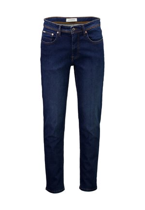 Dark blue denim jeans with a slim fit, five-pocket design, and contrasting stitching. Features a button fly and belt loops.