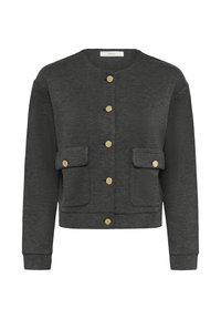 Šedá zkrácená bunda z měkké tkaniny, s zlatými knoflíky, dvojicí předních kapes a kulatým výstřihem. Jednoduchý a moderní design.