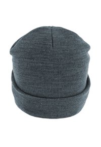 Berretto grigio a maglia con risvolto, parte superiore senza cuciture e texture a coste, realizzato in un tessuto morbido e caldo adatto per il freddo.