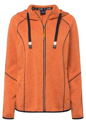 Oranje fleecejack met een rits aan de voorkant, contrasterende zwarte accenten, een verstelbare capuchon en zijzakken. Gelaagd materiaal met een zachte afwerking.