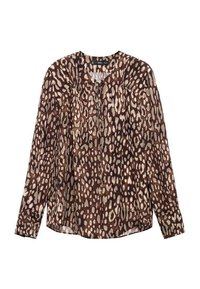 Blusa a maniche lunghe in stampa animale marrone e crema, con scollatura rotonda e dettagli arricciati sul davanti per texture e design.
