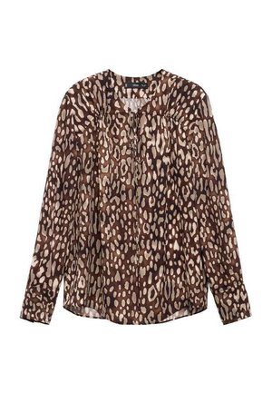 Long-sleeve blouse in brown and cream animal print, featuring a round neckline and gathered details at the front for texture and design.