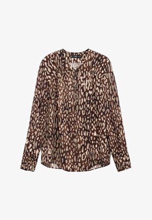 Blouse à manches longues en imprimé animal marron et crème, avec un col rond et des détails froncés à l'avant pour la texture et le design.