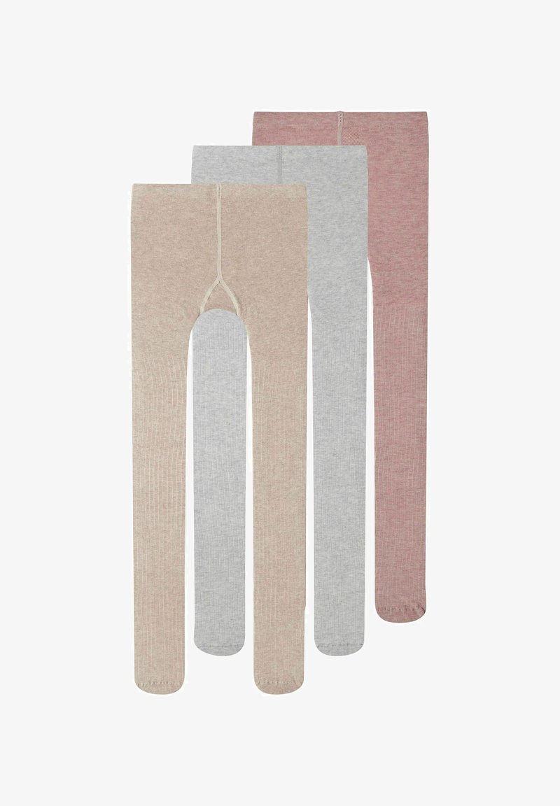 Tre paia di collant rigati in beige chiaro, grigio e rosa pallido. Ogni paio presenta un design senza cuciture e una vita comoda.