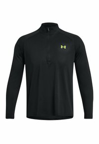 Schwarzes Langarm-Sportshirt mit einem Viertel-Reißverschluss am Hals, ausgestattet mit einem kleinen neon-grünen Logo auf der oberen linken Brust und nahtlosen Seitenpaneelen.