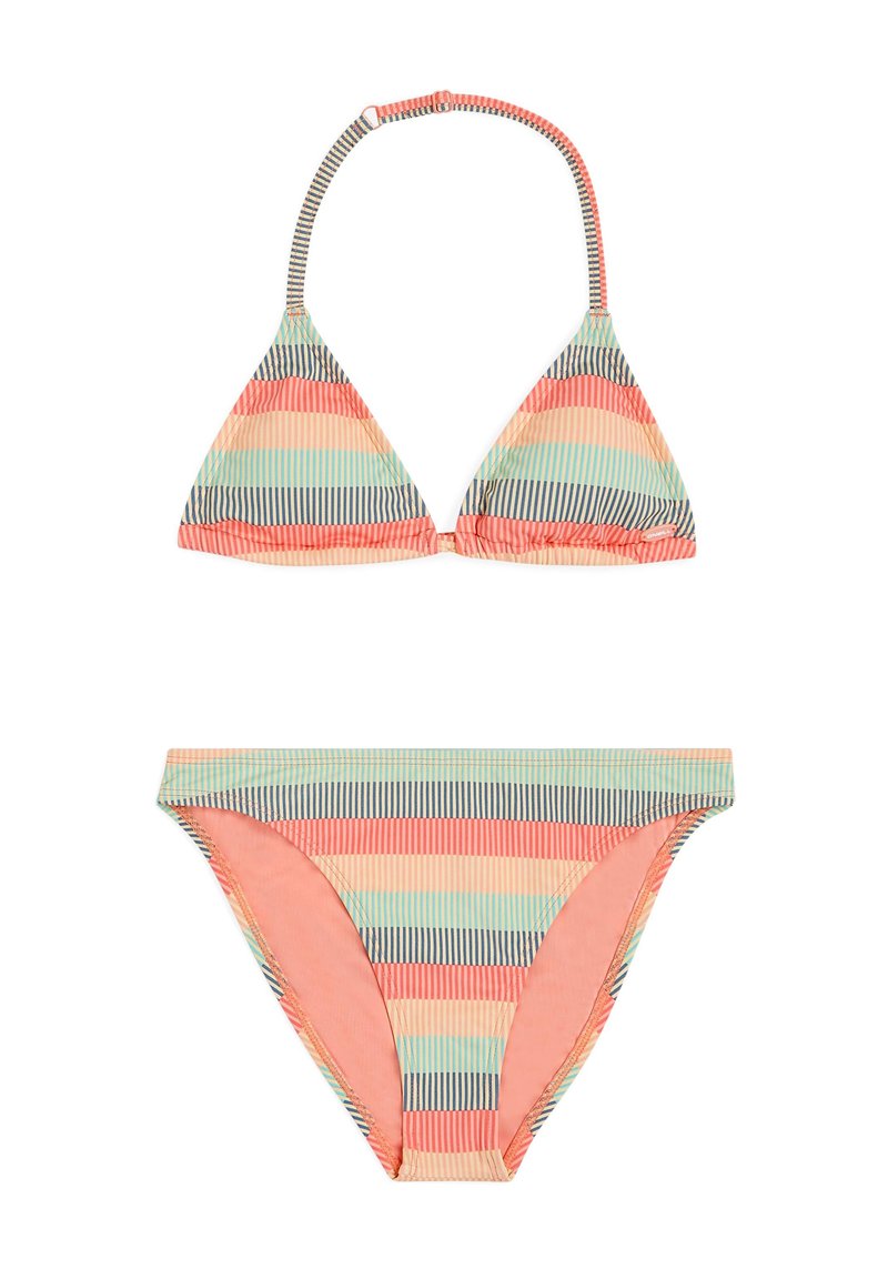 Stribet bikini sæt med trekantet top og matchende lavtaljede trusser i nuancer af koral, mintgrøn og marineblå, lavet af glat, strækbart stof.