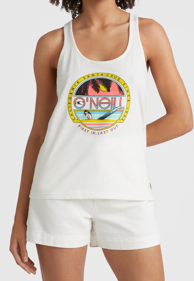 White cotton tank top featuring a colorful circular graphic with palm trees and a surfer. Paired with white shorts, showcasing a casual design.