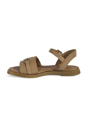 Brown leather sandal with three wide straps and a metallic buckle detail. Flat sole with a slight curve and a cushioned footbed.