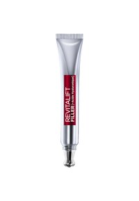 Tube argenté avec une étiquette rouge et blanche indiquant "Revitalift Filler" et un embout applicateur argenté, conçu pour une application précise.