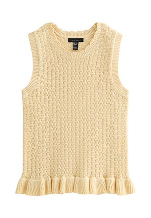 Mouwloos gebreid crèmekleurig sweatervest met kabelpatroon en gerafelde zoom, voorzien van een ronde halslijn en geribbelde armsgaten.