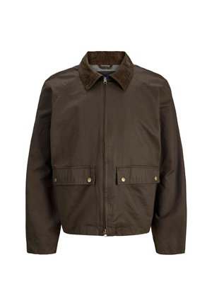 Brown jacket with a corduroy collar, zip closure, two front pockets, and subtle sheen; features raglan sleeves and a textured fabric.