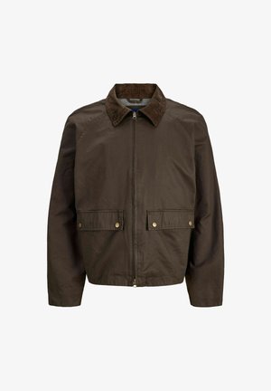 Brown jacket with a corduroy collar, zip closure, two front pockets, and subtle sheen; features raglan sleeves and a textured fabric.
