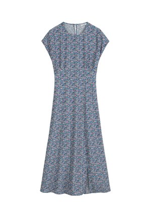 Blaues Midikleid mit kurzen Flügelärmeln, rundem Ausschnitt und floralem Muster in Pink, Weiß und Grün, tailliert und mit ausgestelltem Rock.