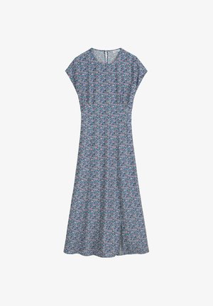 Blauwe midi-jurk met kapmouwen, ronde halslijn en een roze, witte en groene bloemenprint, aansluitend op de taille en uitlopend in een rok.