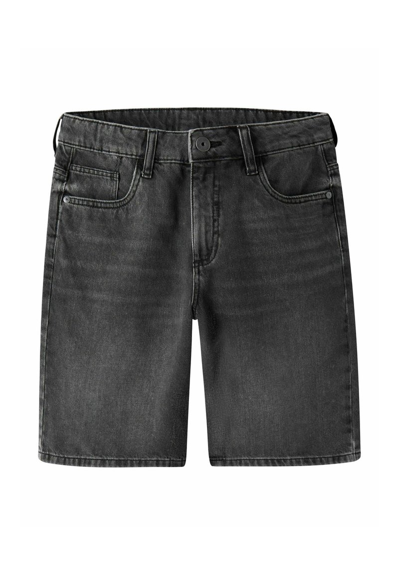 Shorts de mezclilla negra que presentan un diseño clásico de cinco bolsillos, cierre de botón y una sutil textura deslavada con corte recto.