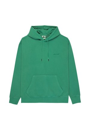 Sudadera verde con capucha, bolsillo frontal tipo canguro y cordones, con un pequeño logo de "element" en el pecho.