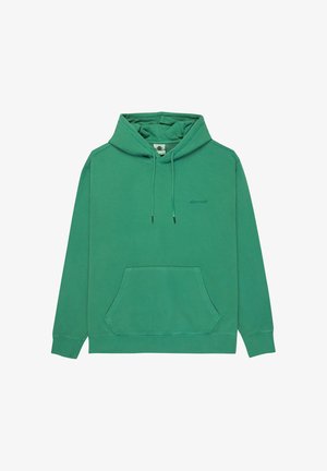Sudadera verde con capucha, bolsillo frontal tipo canguro y cordones, con un pequeño logo de "element" en el pecho.