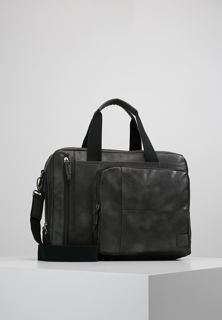 Schwarze Leder-Laptoptasche mit doppeltem oberen Griff, verstellbarem Schultergurt, vorderer Reißverschlusstasche und glatter Textur.