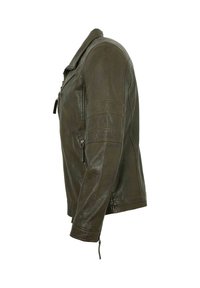 Dark brown leather jacket with zippered side pocket and zippered cuffs, shown from the left side on a white background.