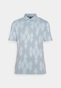 Polo bleu clair présentant un motif en losange bleu foncé. Manches courtes, col classique et patte de boutonnage. Tissu doux et texturé.
