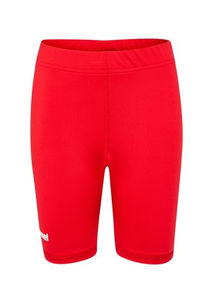 Czerwone sportowe szorty z elastycznym pasem. Wykonane z rozciągliwego materiału, mają gładką teksturę i minimalistyczny design, z małym logo.