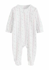 Witte babybody met lange mouwen en voetjes, versierd met kleine roze verticale bloemenstrepen en een ritssluiting aan de voorkant.