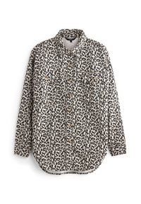 Camicia a stampa leopardata in beige e nero, con abbottonatura frontale, due tasche sul petto, orlo arrotondato e maniche lunghe.