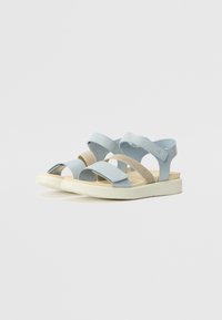 Blå sandaler med stropper, laget av mykt syntetisk materiale, brede stropper og en polstret såle. Har en teksturert beige detalj for bedre grep.