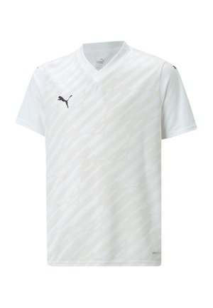 Witte voetbalshirt met korte mouwen en een V-hals, met een subtiel diagonaal patroon en een zwart Puma-logo op de linkerborst.