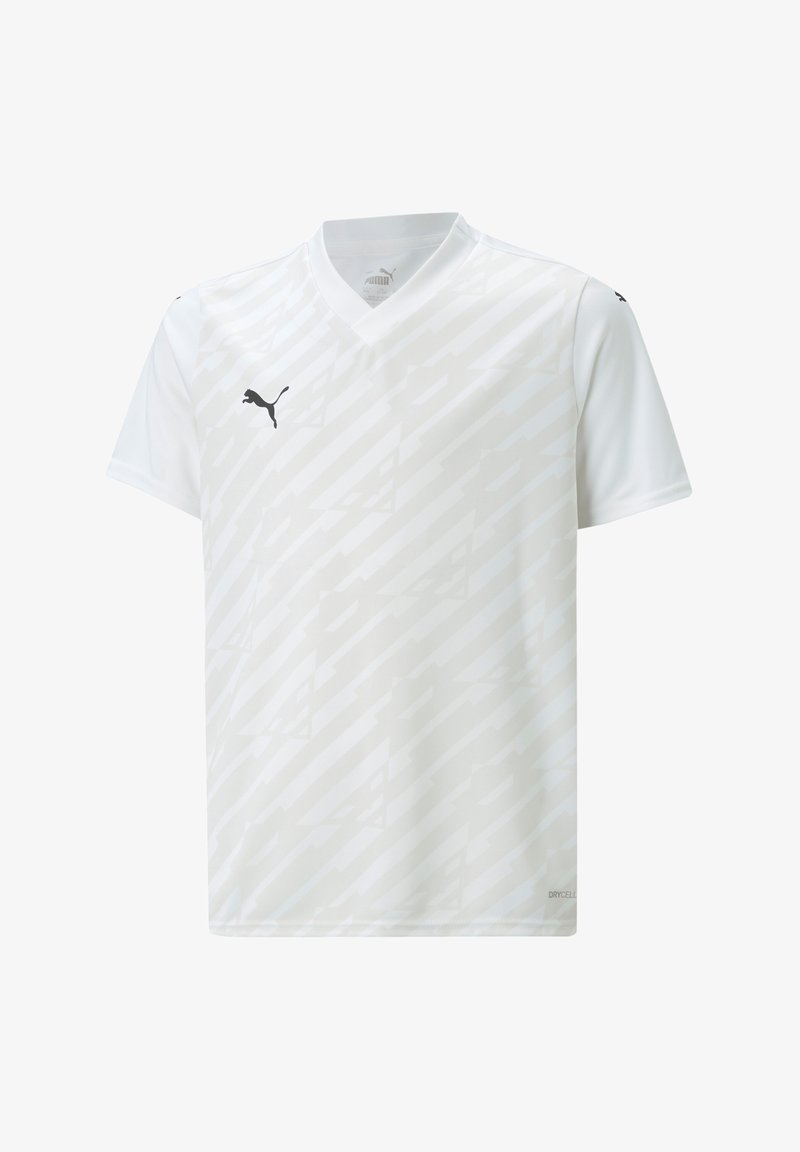 Witte voetbalshirt met korte mouwen en een V-hals, met een subtiel diagonaal patroon en een zwart Puma-logo op de linkerborst.