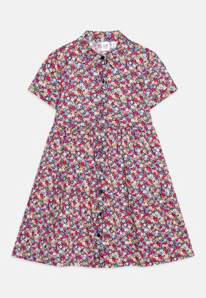 Kurzärmeliges Mädchenkleid mit Knopfleiste vorne und Kragen, mit einem mehrfarbigen, kleinen Blumenmuster in Rot, Gelb, Blau und Weiß.