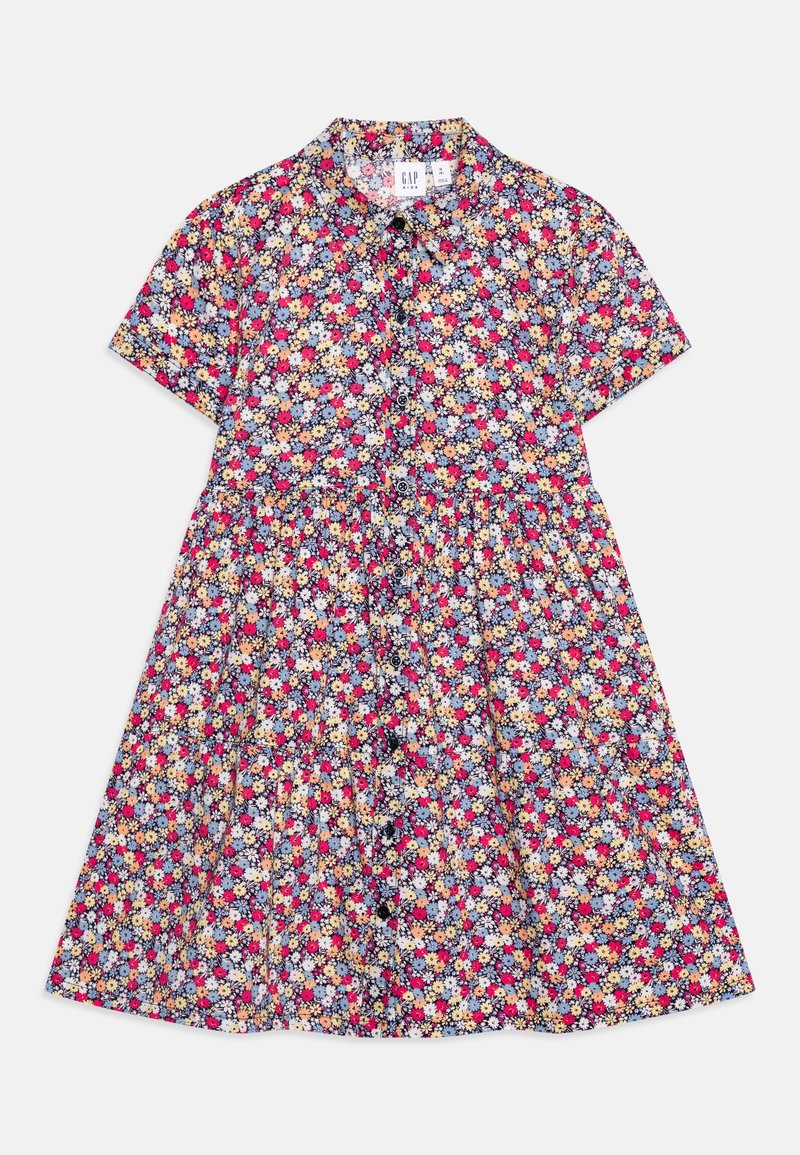 Robe fille à manches courtes, boutonnée sur le devant avec un col, avec un petit motif floral multicolore en rouge, jaune, bleu et blanc.