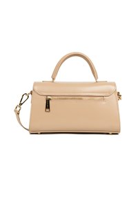 Borsa beige realizzata in pelle liscia, dotata di manici superiori, tracolla removibile e una tasca con zip con dettagli in metallo dorato.