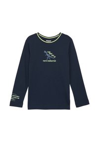 Navy Langarm-T-Shirt aus Baumwolle mit einem Dinosaurier-Graphic und Text in Grün und Blau. Gerippter Rundhalsausschnitt, lässige Passform.