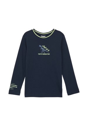 Navy long-sleeve t-shirt made of cotton, featuring a dinosaur graphic and text in green and blue. Ribbed crew neckline, relaxed fit.