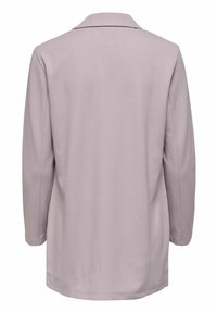 Blazer lungo lavanda a maniche lunghe realizzato in tessuto morbido con colletto a cappotto e taglio dritto, con lunghezza sotto i fianchi.