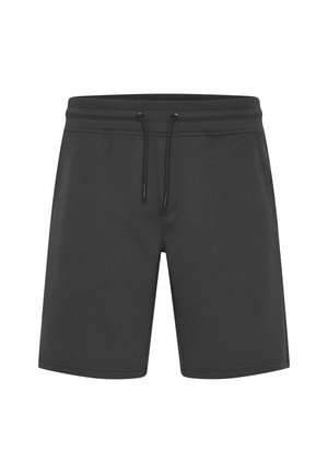 Dunkelgraue Baumwollmischung-Shorts mit elastischem Bund, verstellbarem Kordelzug und Seitentaschen. Glatte Textur mit normalem Schnitt.