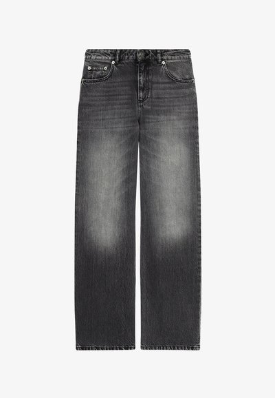Szerokie, przyciemniane czarne dżinsy wykonane z denimu. Posiadają pięć kieszeni, metalowe elementy i prosty krój z lekkim efektem przetarcia.