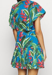 Blå klänning med röd och grön tropisk blad- och blomstertryck, fjäderärmar och en veckad kjol, buren av en stående person som visas bakifrån.