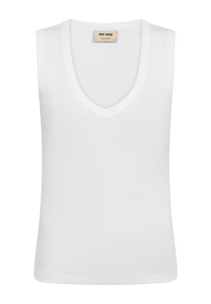 Camiseta sin mangas blanca con escote en V, corte ajustado y una pequeña etiqueta beige en el interior del cuello.
