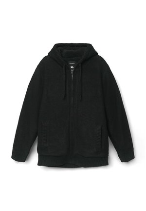 Czarna bluza z zamkiem, wykonana z materiału o teksturowanym splocie. Posiada kaptur ze sznurkiem, dwie przednie kieszenie oraz ściągacze na rękawach i u dołu. Rozmiar: XL.