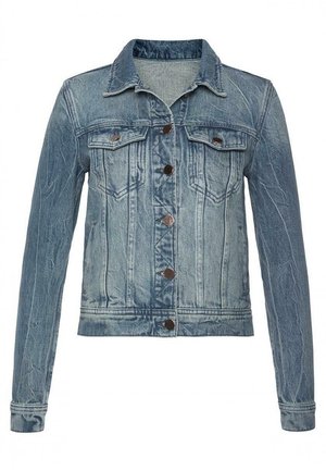 Blauwe vervaagde spijkerjas met knoopsluiting aan de voorkant, twee borstzakken met klep, lange mouwen en klassieke kraag.