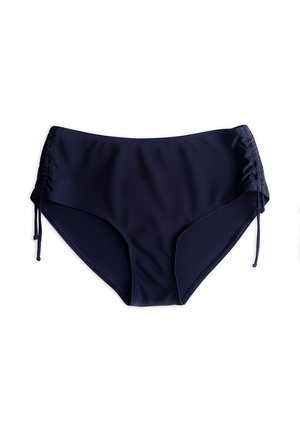 Granatowe majtki bikini z wysokim stanem, z regulowanymi marszczonymi bokami i sznurkami, prezentowane na białym tle.
