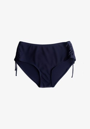 Granatowe majtki bikini z wysokim stanem, z regulowanymi marszczonymi bokami i sznurkami, prezentowane na białym tle.