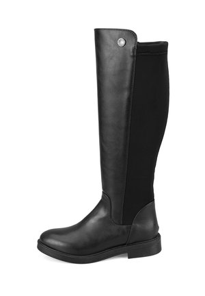Bottes noires jusqu'au genou avec un devant en cuir et un dos en tissu extensible, bout rond, détail de logo subtil sur le côté et semelle plate en caoutchouc.